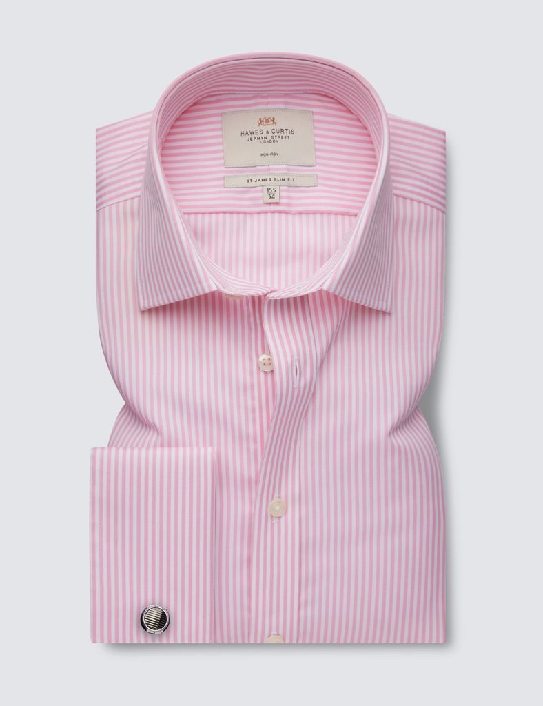 Non-Iron Pink & White Bengal Stripe Slim Shirt - Double Cuff