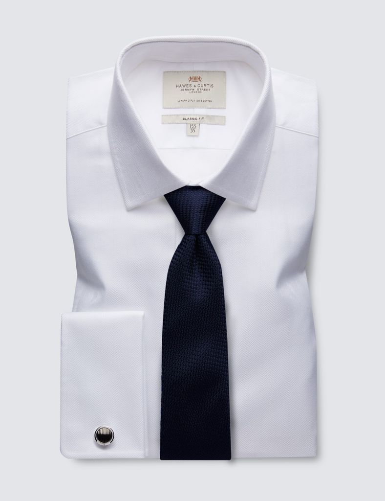 White Herringbone Classic Shirt - Double Cuff