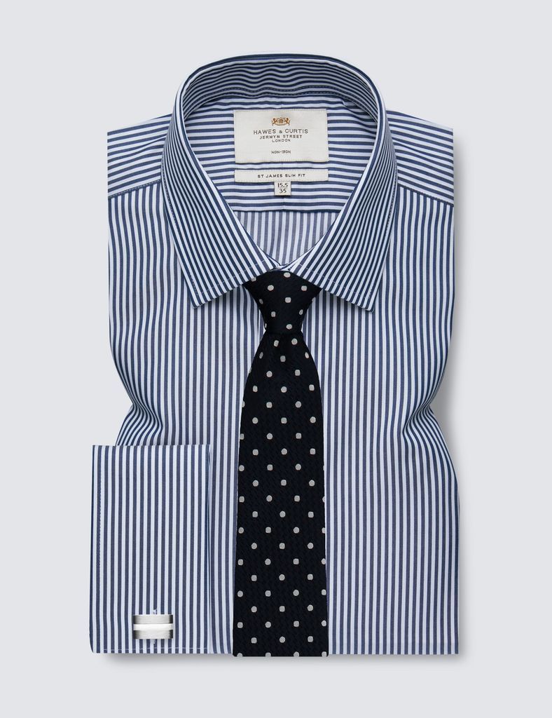Non-Iron Navy & White Bengal Stripe Slim Shirt - Double Cuff