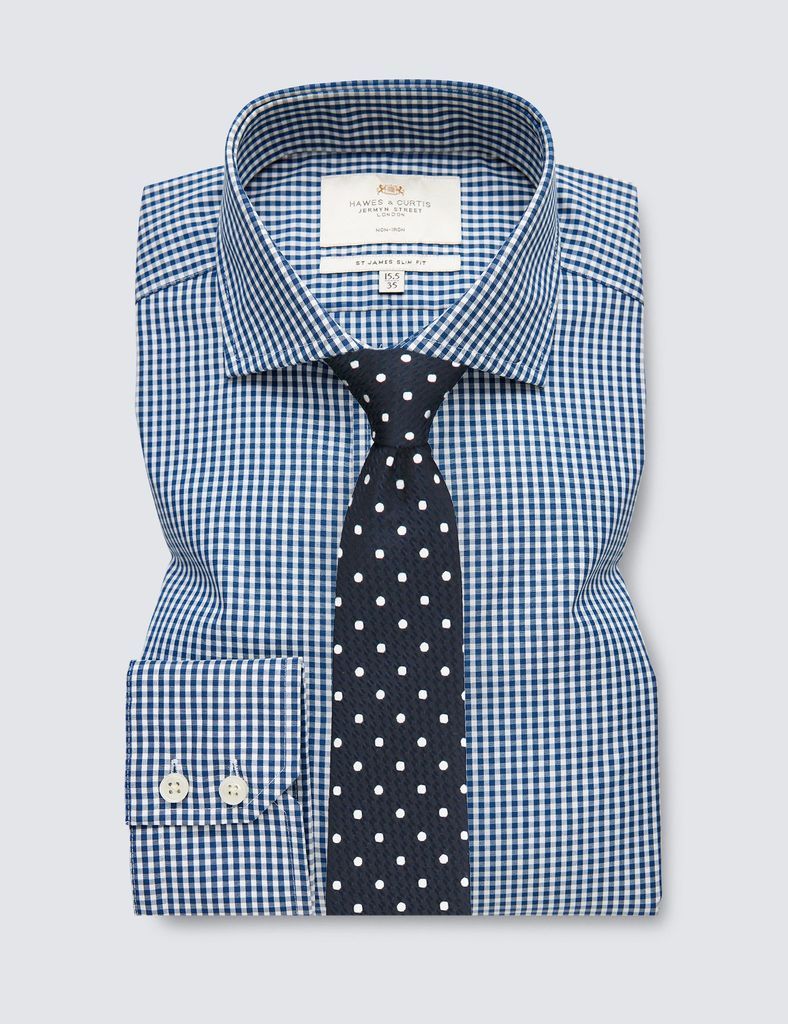 Non-Iron Navy & White Gingham Check Slim Shirt - Windsor Collar