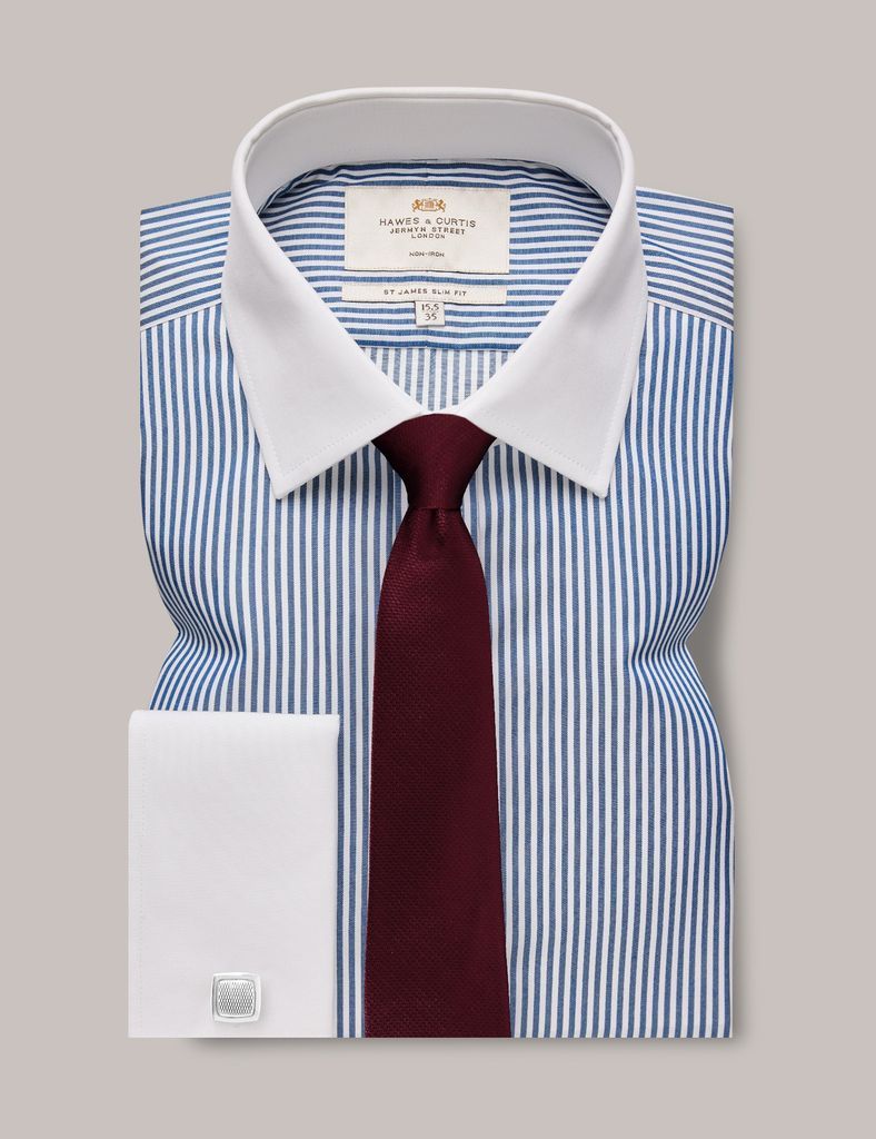 Non-Iron Navy & White Bengal Stripe Slim Shirt - White Collar and Double Cuff