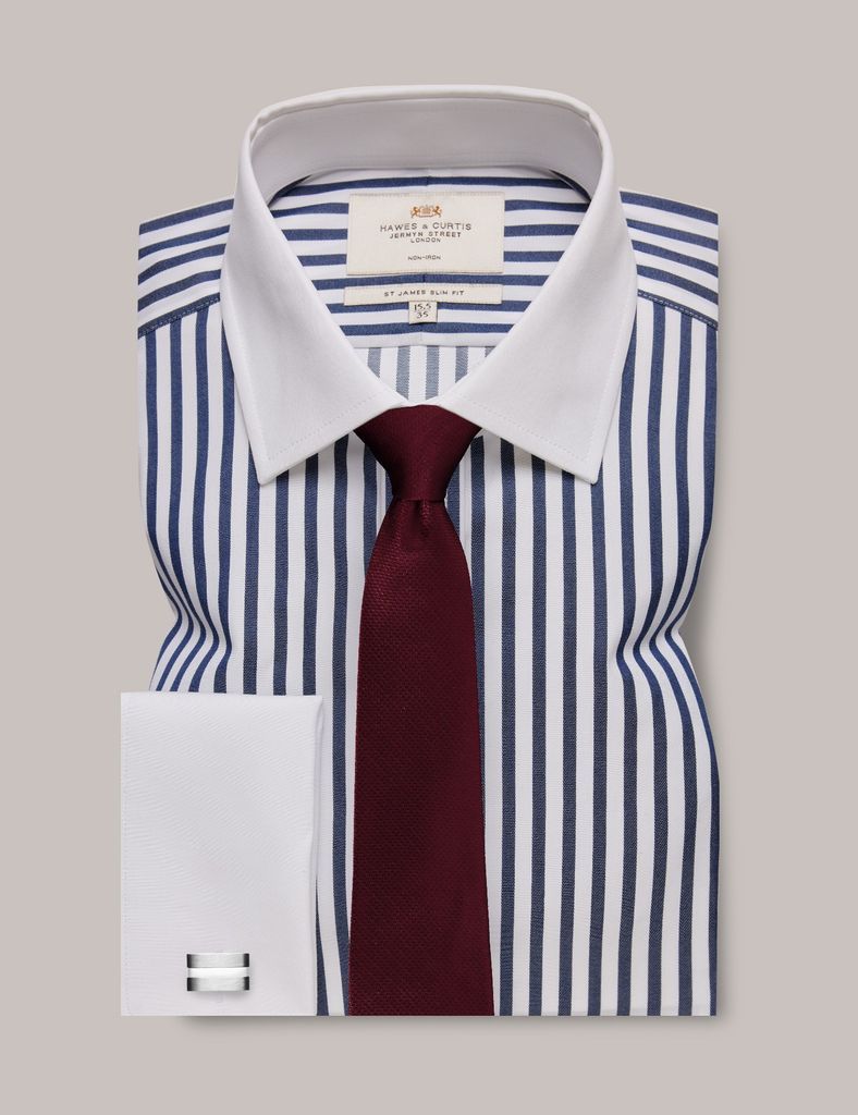 Non-Iron Navy & White Bold Stripe Slim Shirt With White Collar and Cuffs