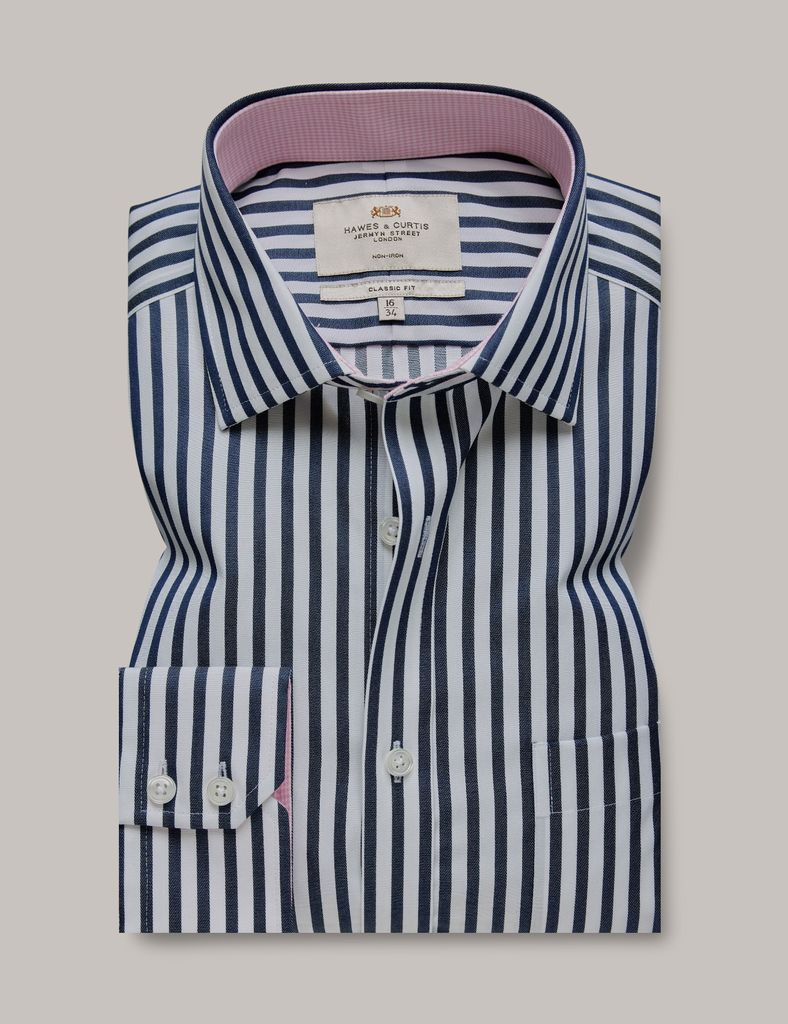 Non-Iron Navy & White Bold Stripe Classic Shirt With Contrast Detail & Breast Pocket