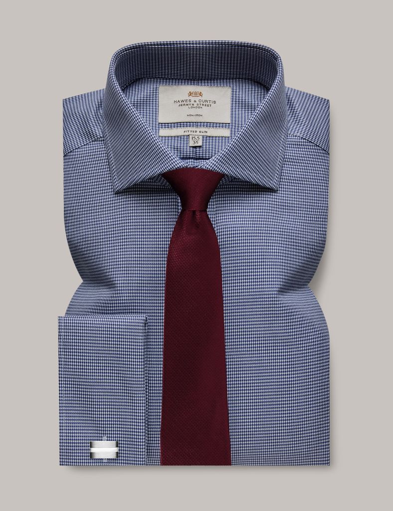 Non-Iron Navy & White Fitted Slim Shirt - Windsor Collar - Double Cuff