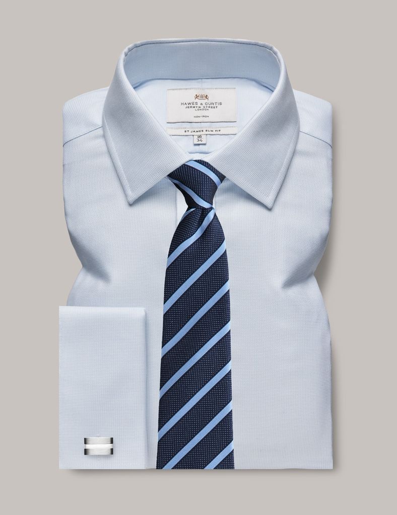 Non-Iron Blue & White Pick and Pick Slim Shirt - Double Cuff