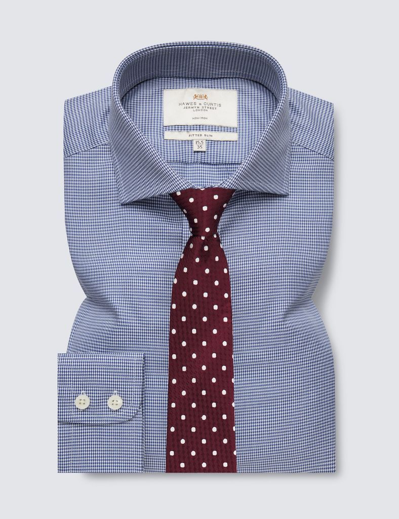 Non-Iron Navy & White Dogstooth Fitted Slim Shirt - Windsor Collar