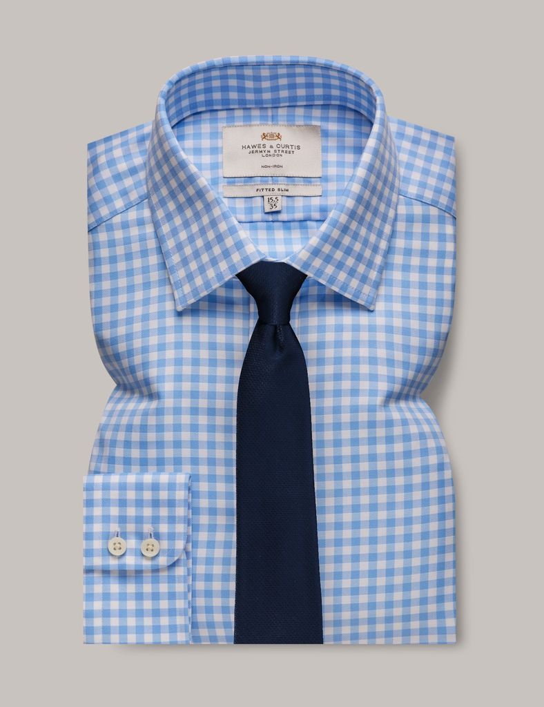 Non-Iron Blue & White Gingham Check Fitted Slim Shirt