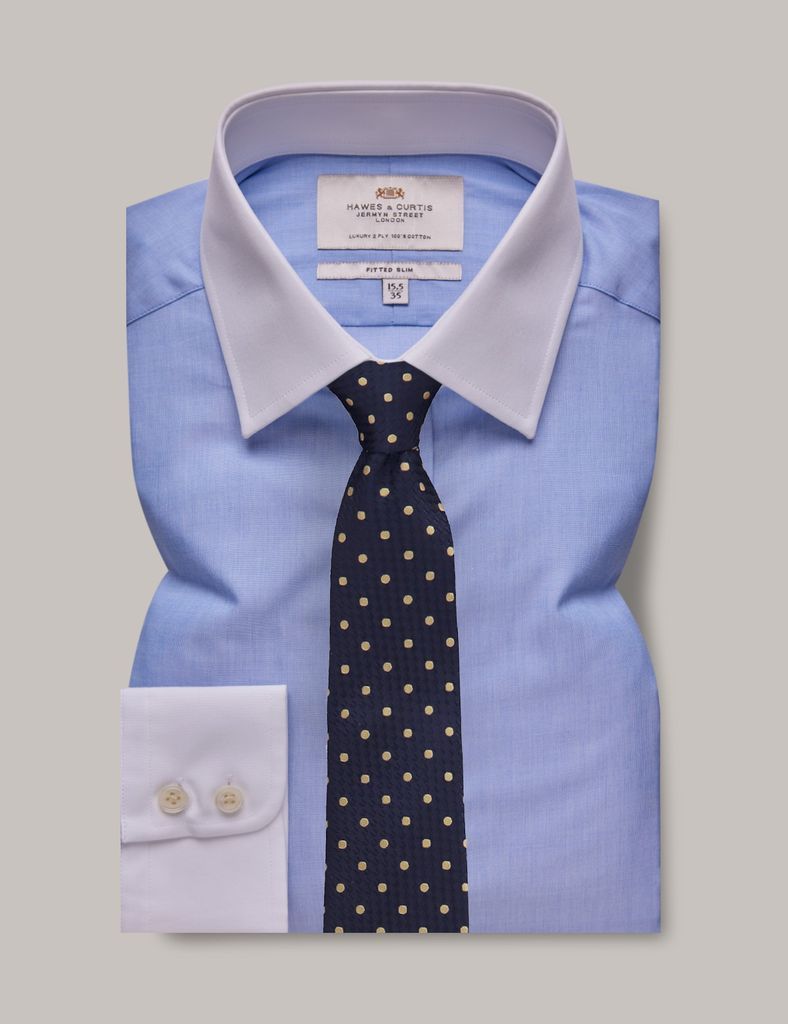 Blue End On End Fitted Slim Shirt - White Collar and Cuffs
