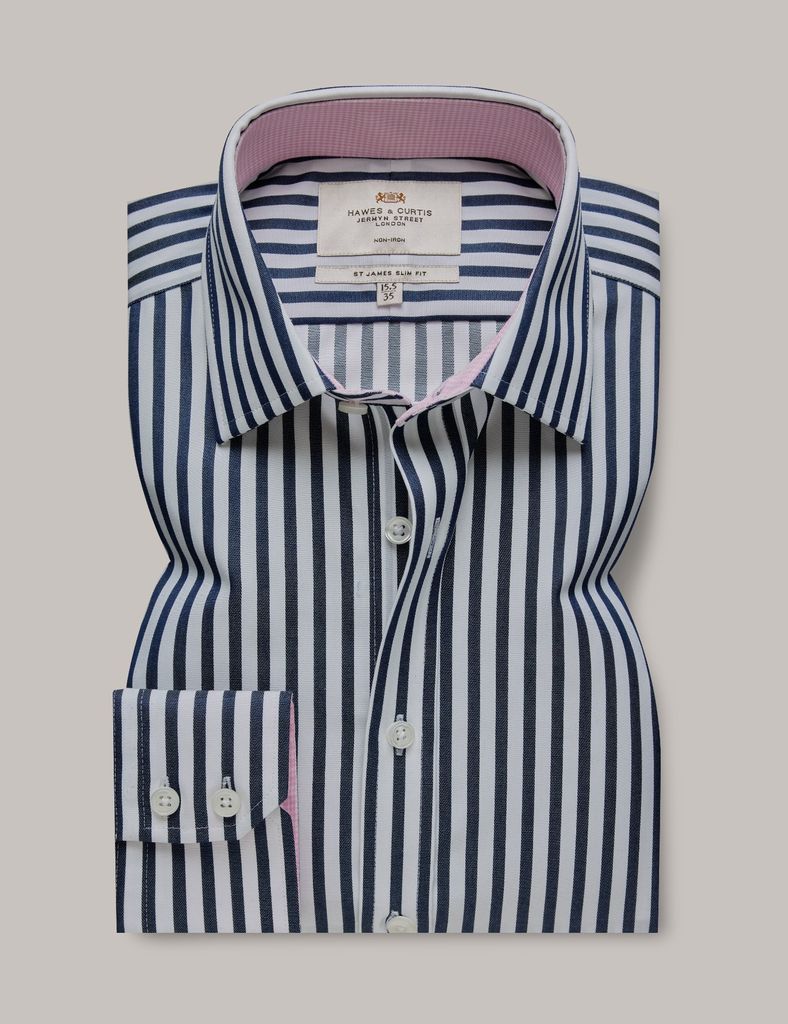 Non-Iron Navy & White Bold Stripe Slim Shirt - Contrast Detail