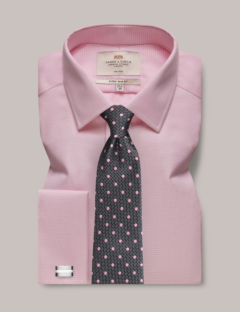 Non-Iron White & Pink Dobby Extra Slim Shirt - Double Cuff