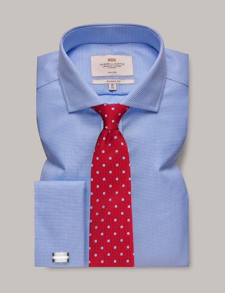 Non-Iron Blue & White Dogtooth Classic Shirt - Windsor Collar - Double Cuff