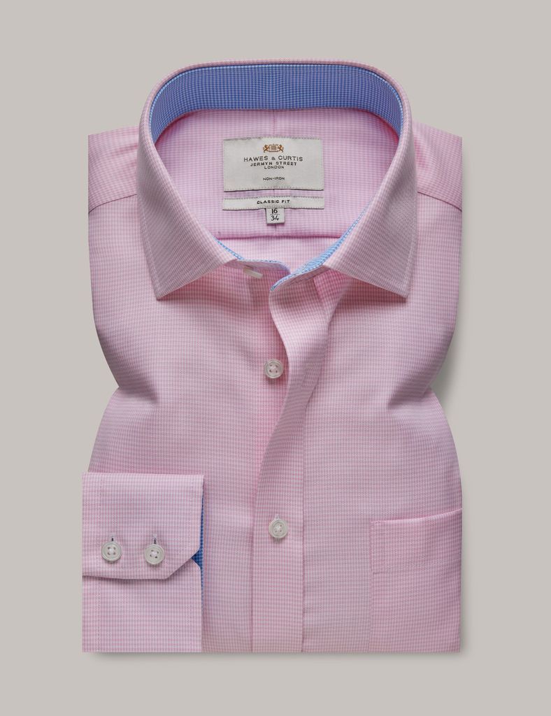 Non-Iron Pink & White Dogtooth Classic Shirt - Contrast Detail & Breast Pocket