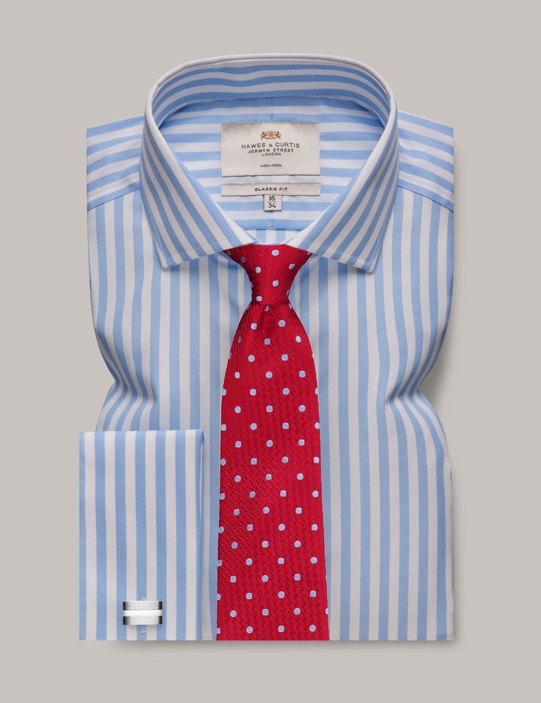 Non-Iron Blue & White Bold Stripe Classic Shirt - Windsor Collar - Double Cuff