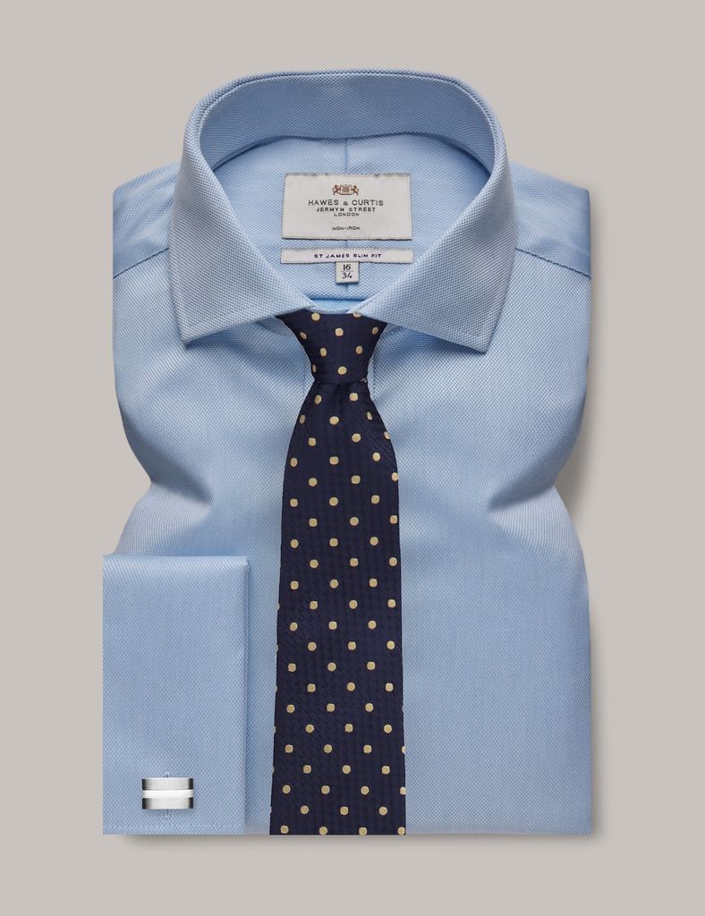 Non Iron Blue Pique Slim Shirt - Windsor Collar - Double Cuff