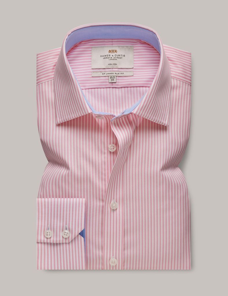 Non-Iron Pink & White Bengal Stripe Slim Shirt - Contrast Detail