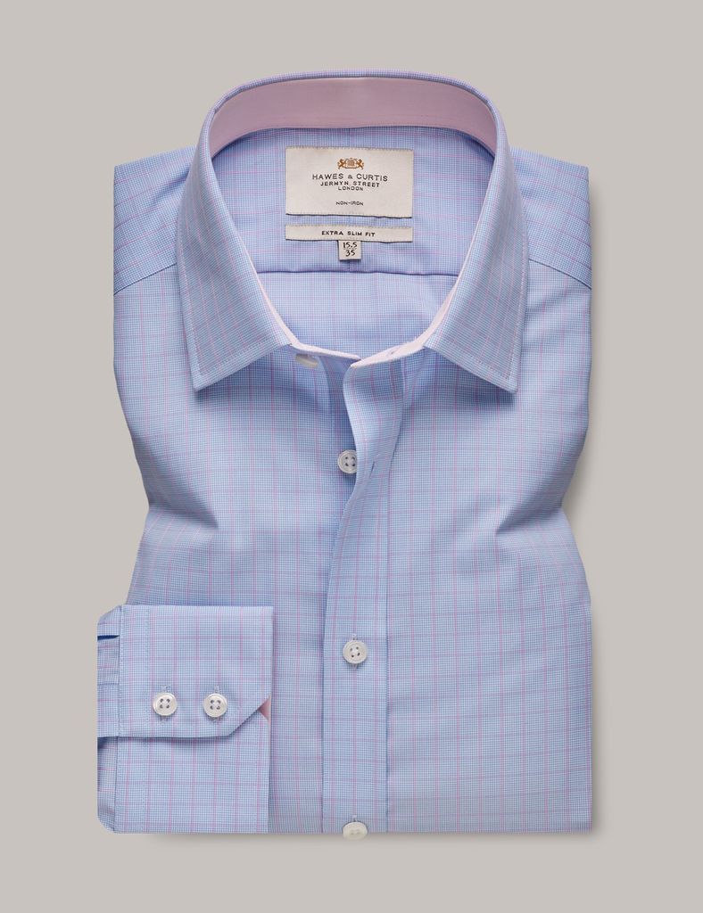 Non-Iron Blue & Pink Check Extra Slim Shirt - Contrast Detail