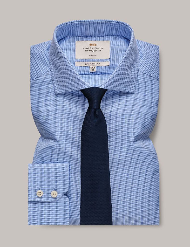Non-Iron Blue & White Fabric Interest Extra Slim Shirt - Windsor Collar