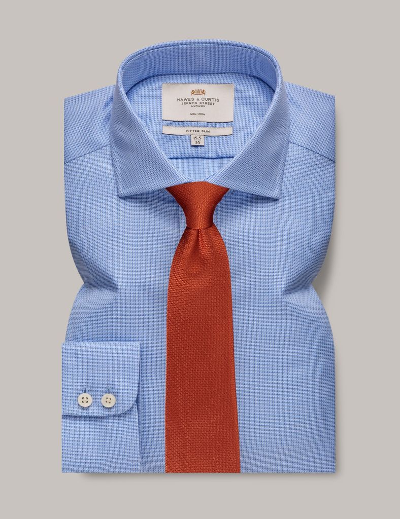 Non-Iron Blue & White Fabric Interest Fitted Slim Shirt - Windsor Collar