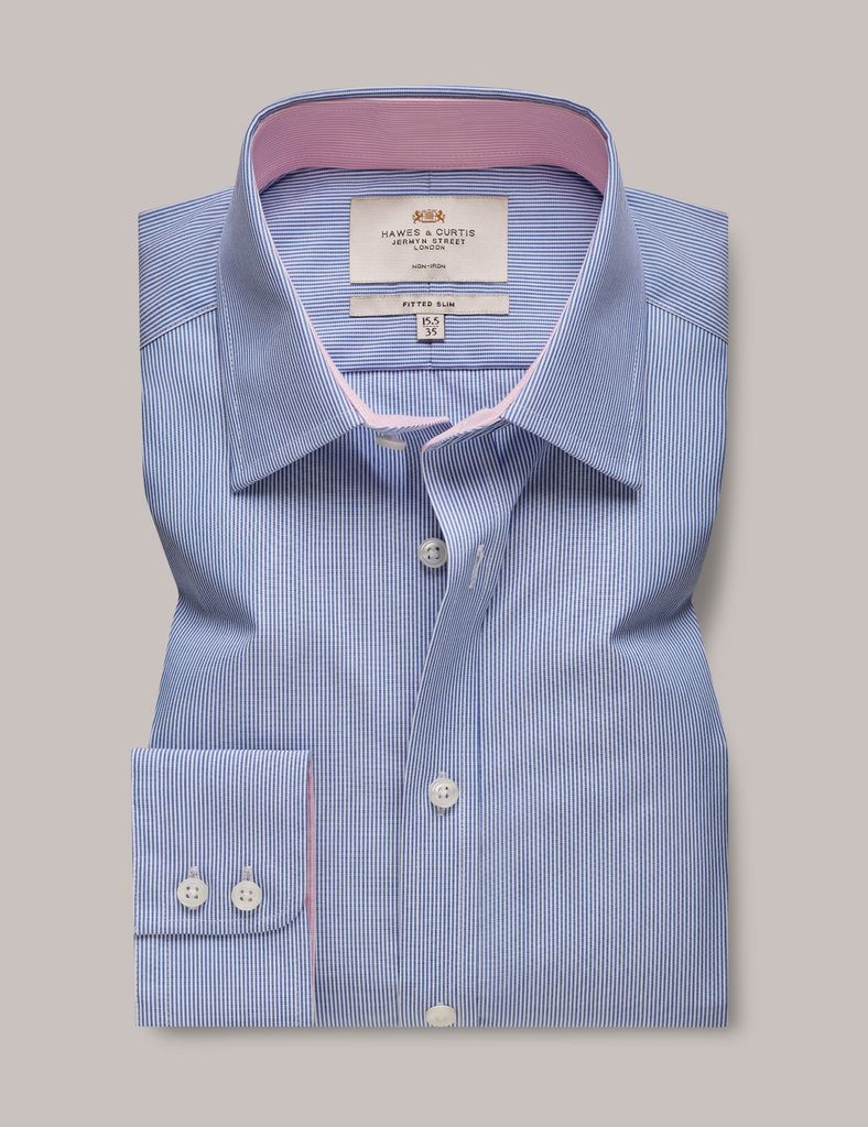 Non-Iron Blue & White Fine Stripe Fitted Slim Shirt - Contrast Detail