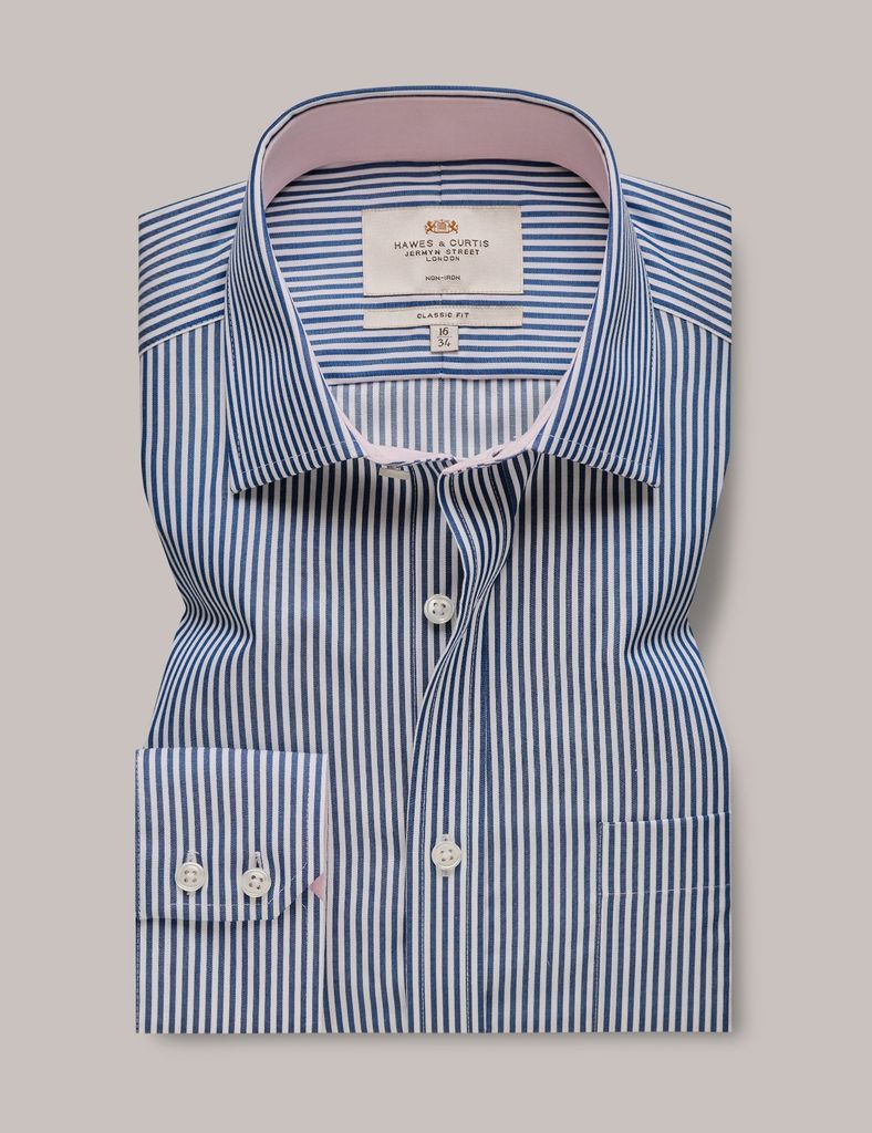 Non-Iron Navy & White Bengal Stripe Classic Shirt - Contrast Detail & Breast Pocket