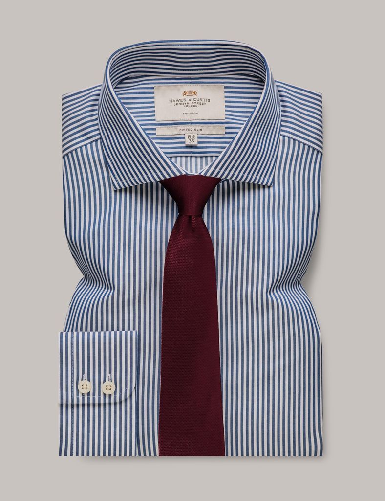 Non-Iron Navy & White Bengal Stripe Fitted Slim Shirt - Windsor Collar