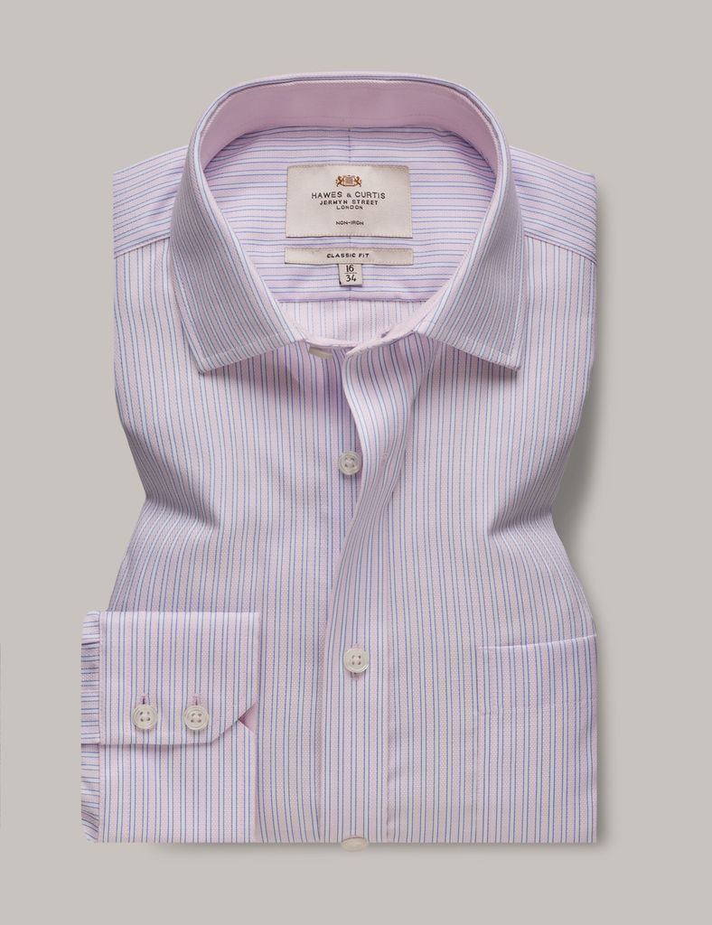 Non-Iron Pink & Blue  Stripe Classic Shirt - Contrast Detail & Breast Pocket