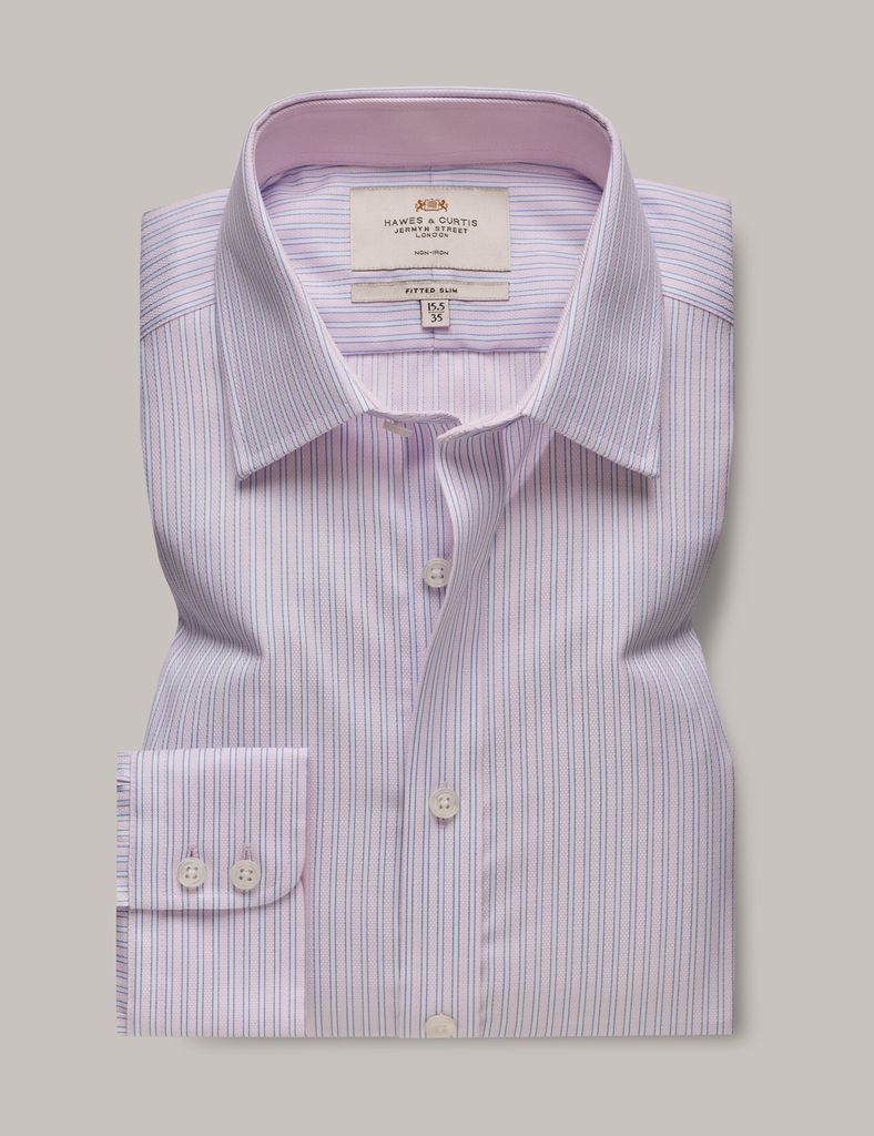 Non-Iron Pink & Blue Stripe Fitted Slim Shirt - Contrast Detail