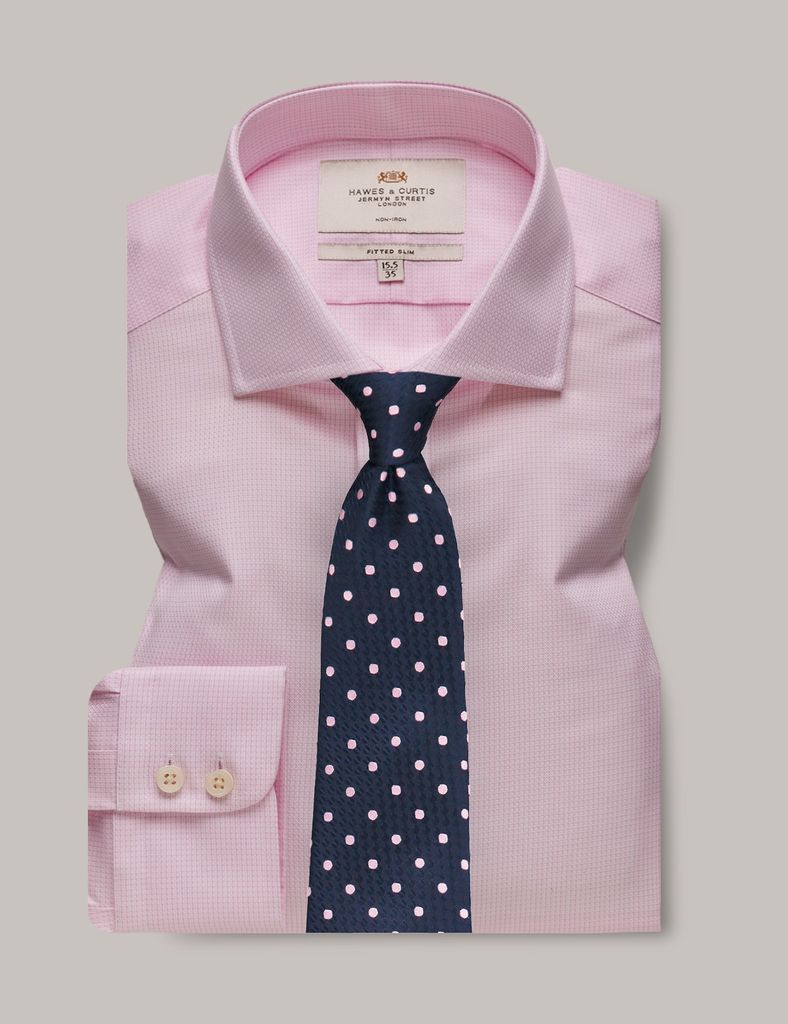 Non-Iron Pink & White Fabric Interest Fitted Slim Shirt - Windsor Collar