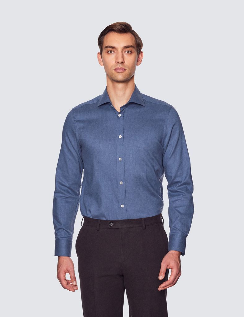 Dark Blue Brushed Cotton Shirt - Full Cutaway Collar