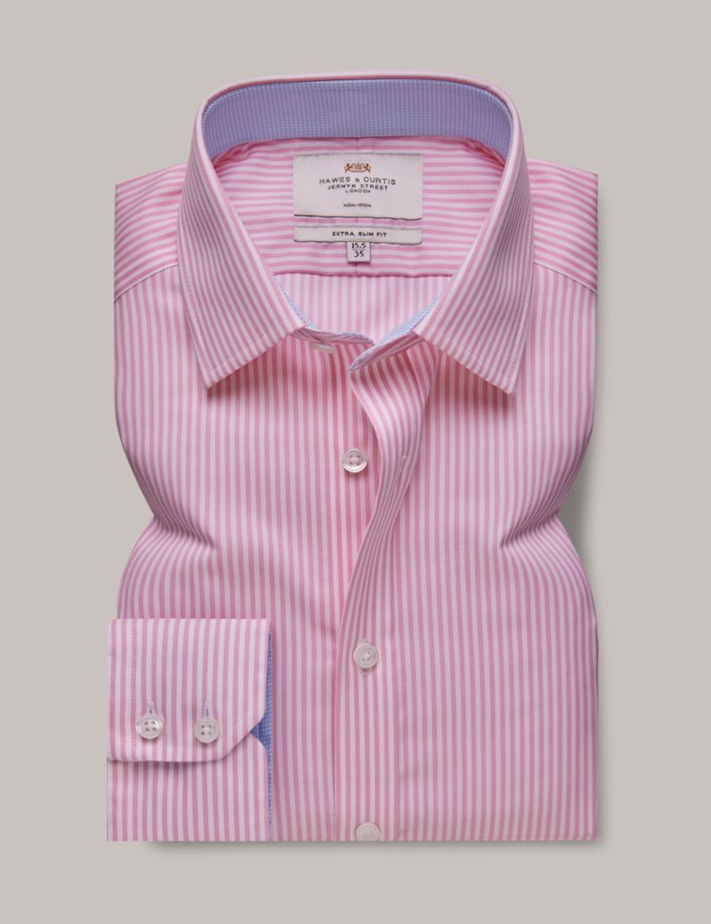 Non-Iron Pink & White Bengal Stripe Extra Slim Shirt - Contrast Detail