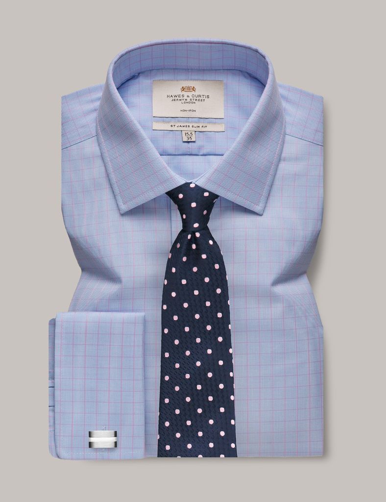 Non-Iron Blue & Pink Check Slim Shirt - Double Cuff