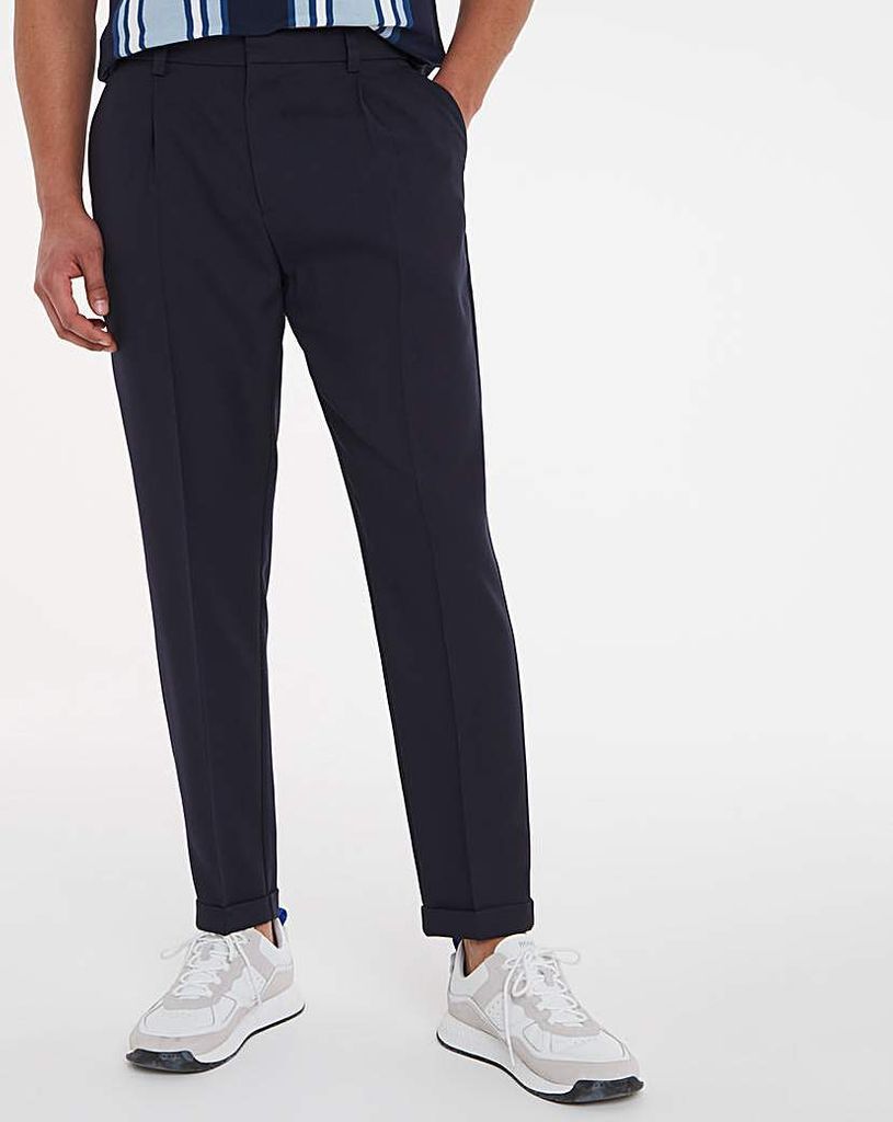Navy Tapered Trousers With Turn Up