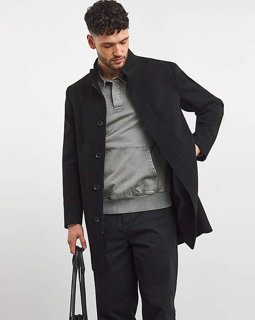 Black Faux Wool Funnel Neck Coat