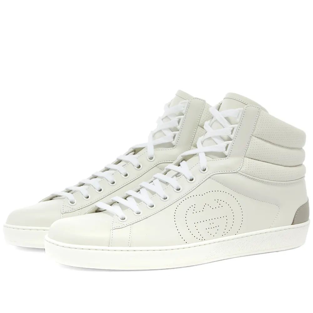 Perforated GG New Ace High Leather Sneaker  - Leather  - Men's - White - UK 6 - Leather