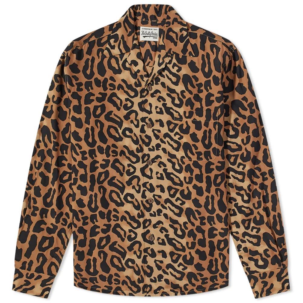 Long Sleeve Hawaiian Leopard Shirt Beige