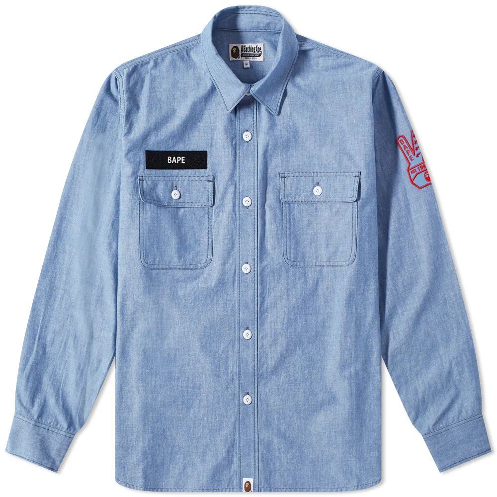 Military Patch Relaxed Fit Chambray Shirt Light Indigo