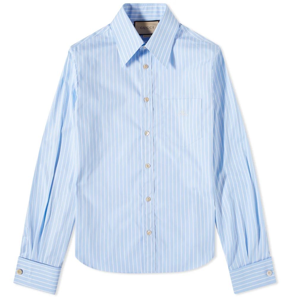 Stripe Embroided College Shirt Azure/White
