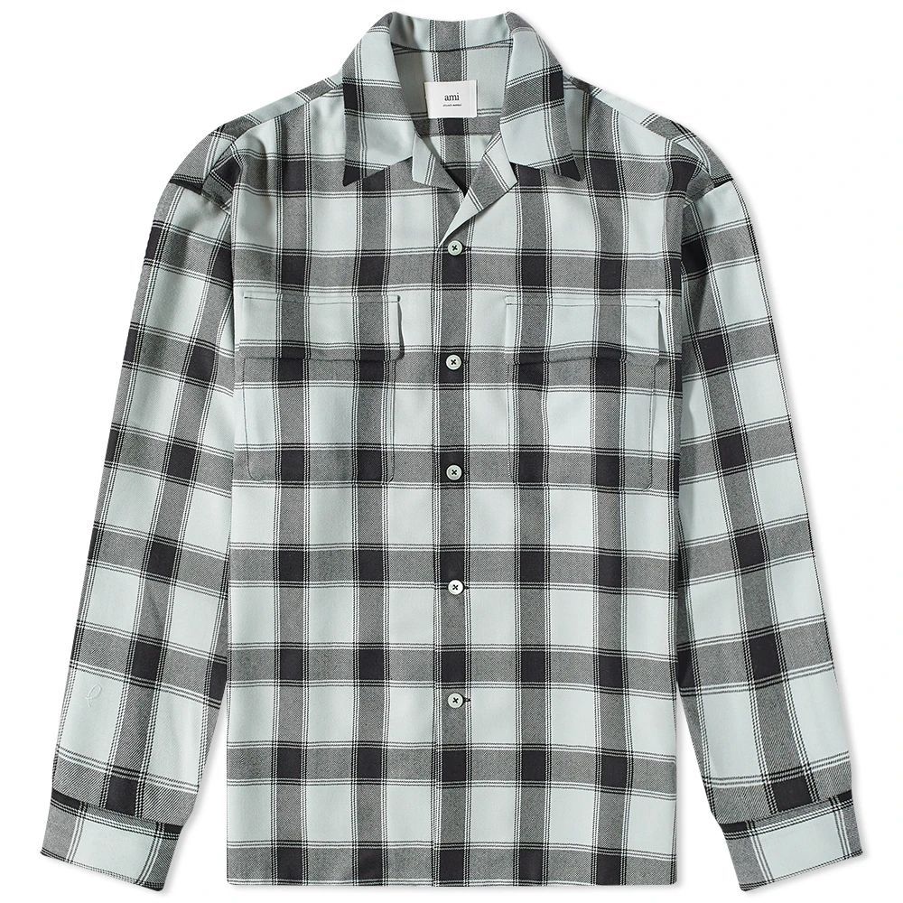 AMI Checked Patch Pocket Shirt Pale Green