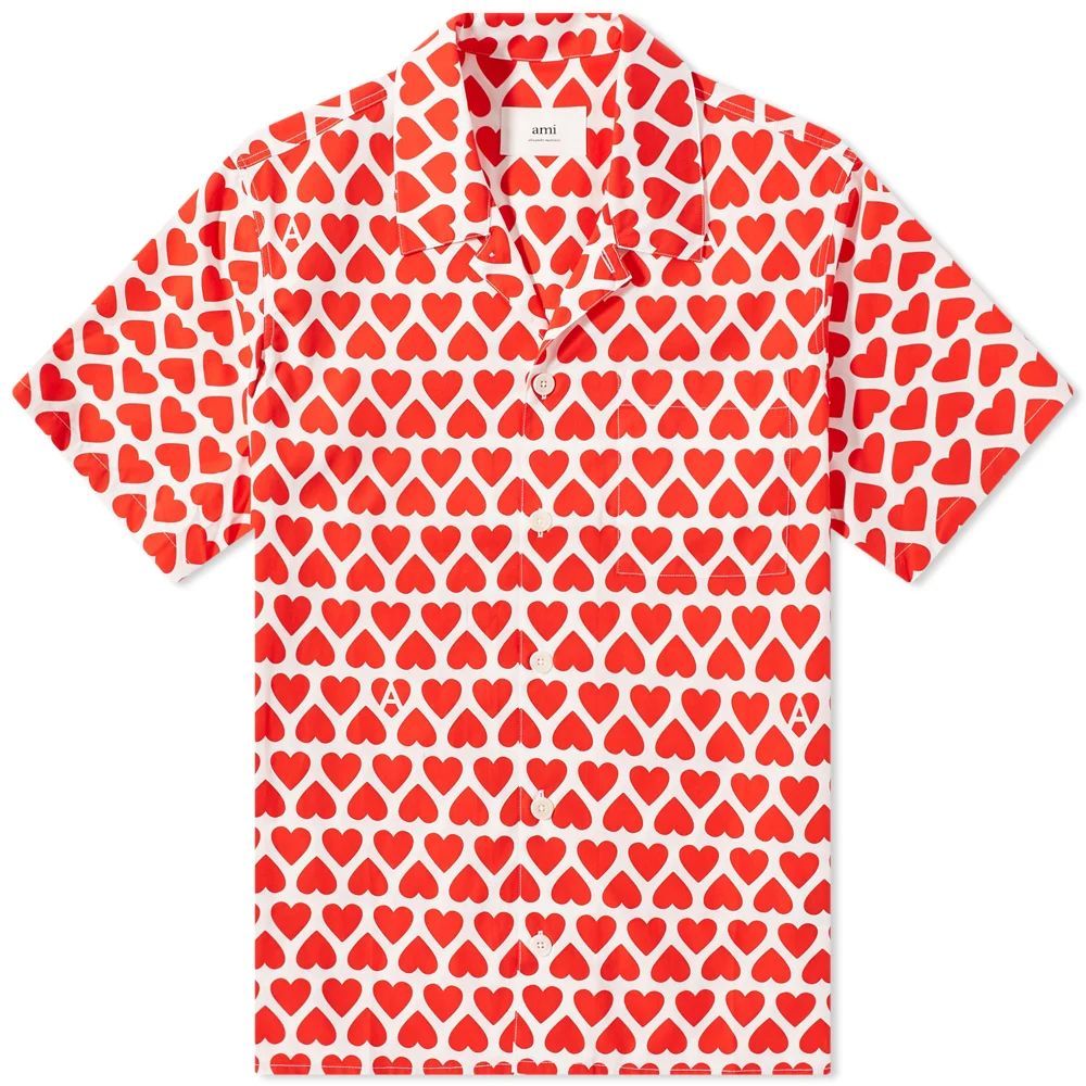 AMI Heart Print Vacation Shirt Scarlet Red/White