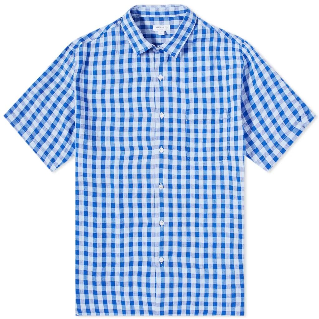 Men's Linen Short Sleeve Shirt Blue Gingham