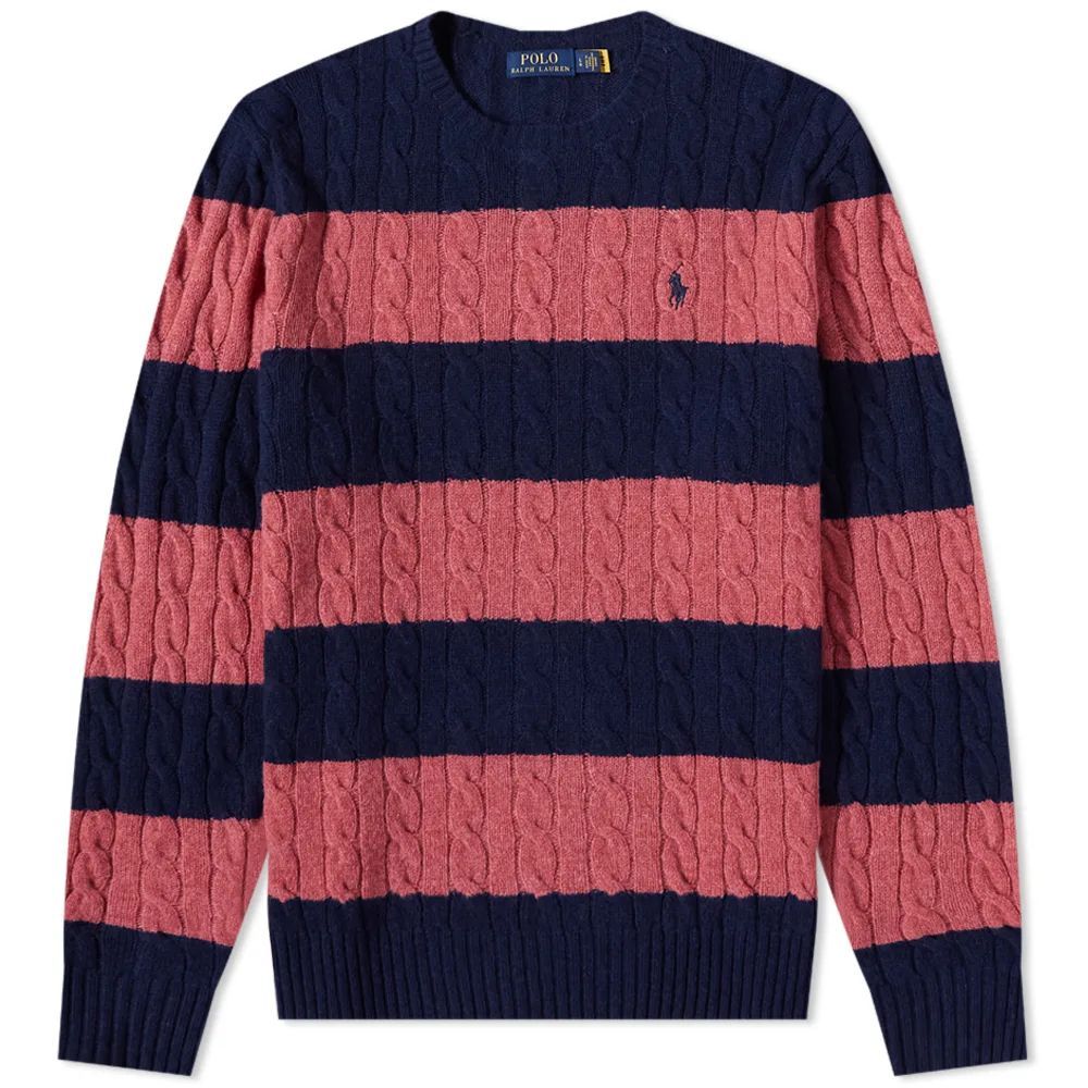 Men's Striped Cable Crew Knit Spring Navy Heather/Rosebud