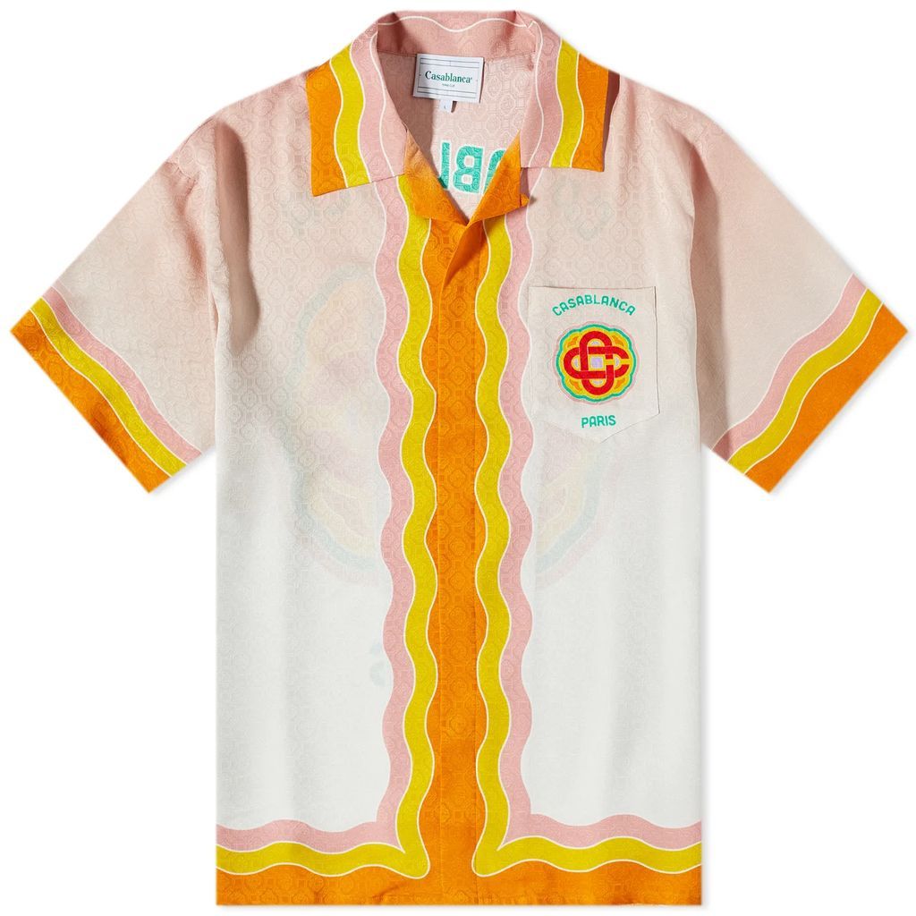 Men's Rainbow Monogram Short Sleeve Silk Shirt Pink/White/Yellow