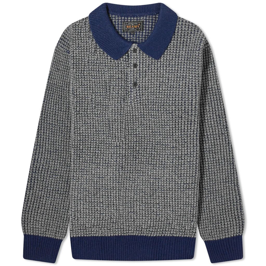 Men's Crochet Long Sleeve Polo Navy/Grey