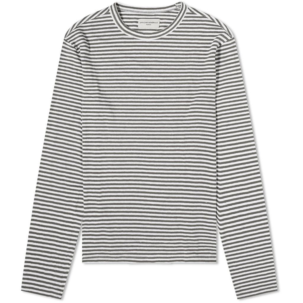 Men's French Linen Stripe Long Sleeve T-Shirt Olive/White