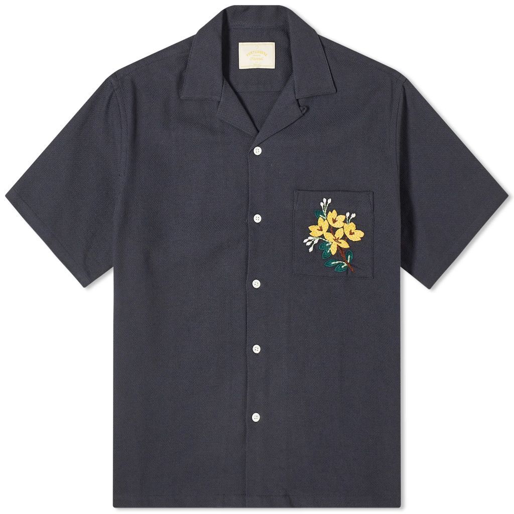 Men's Pique Embroidered Flowers Vacation Shirt Navy