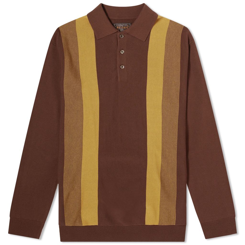Men's 12g Stripe Knit Long Sleeve Polo Brown