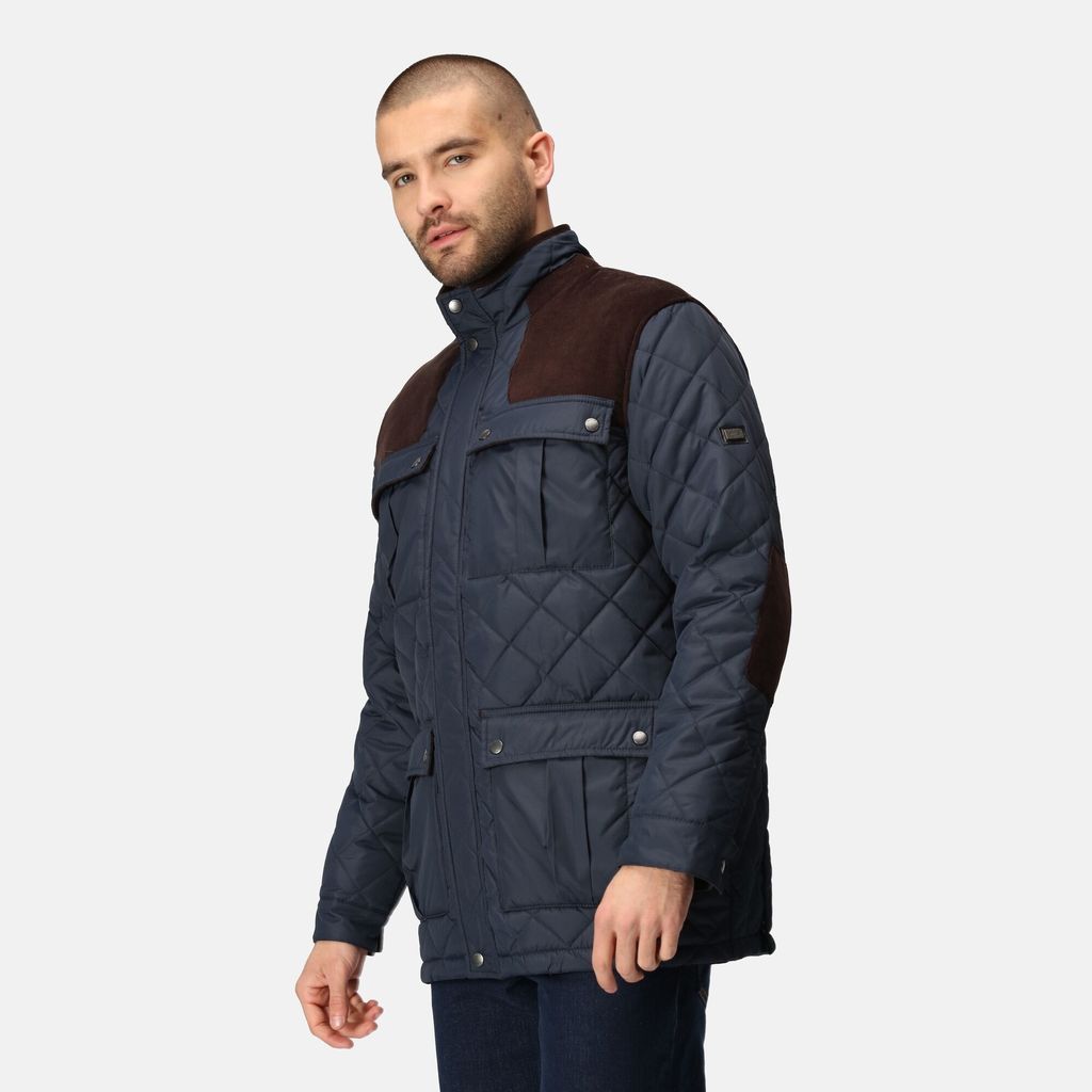 Mens Navy Blue and Brown Colourblock Padbury Quilted Jacket, Size: L