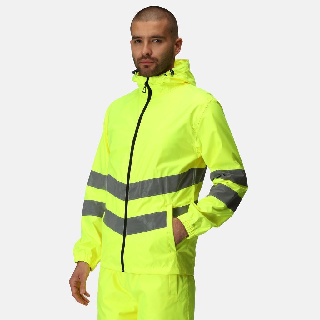 Lightweight Mens Green and Black Striped Hi Vis Pro Waterproof Reflective Packaway Work Jacket, Size: M