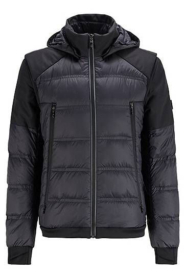 Water-repellent down jacket with detachable sleeves and hood
