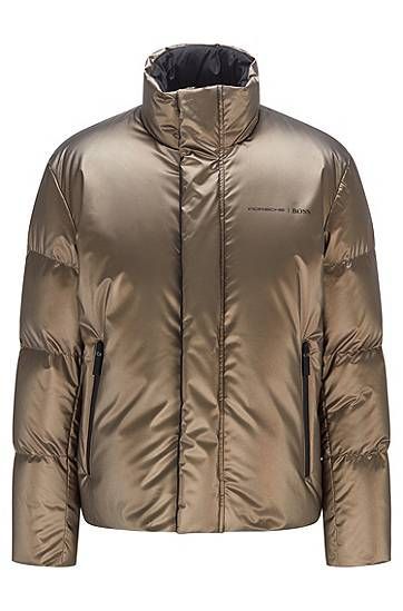 Down-filled metallic puffer jacket with branding
